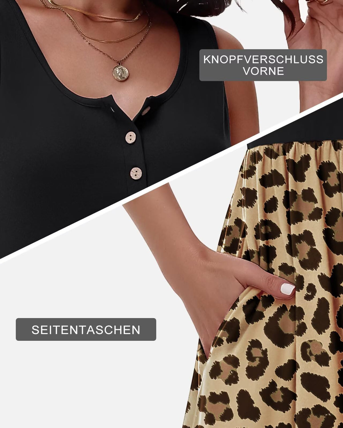 Rochie casual lejeră până la genunchi cu nasturi și buzunare – Animal Print Leopard XXL