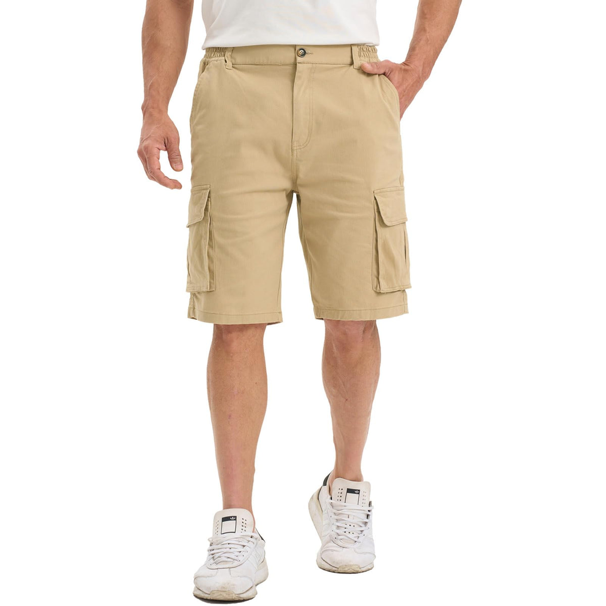 Men's Cargo Shorts Cotton Chino Casual with Pockets Elastic Waist – Grey-Brown L