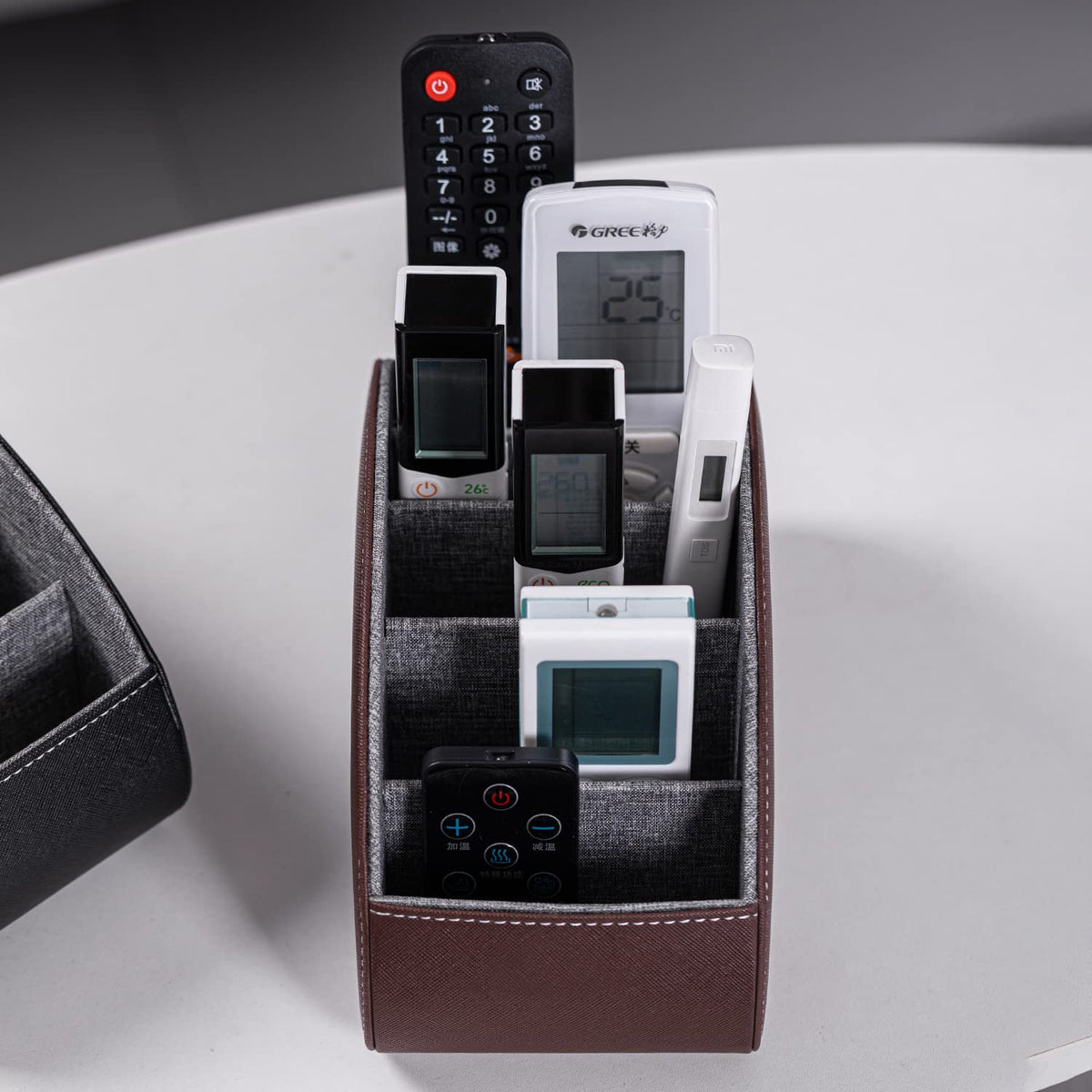 Remote Control Holder PU Leather Storage Box with 5 Compartments – Brown