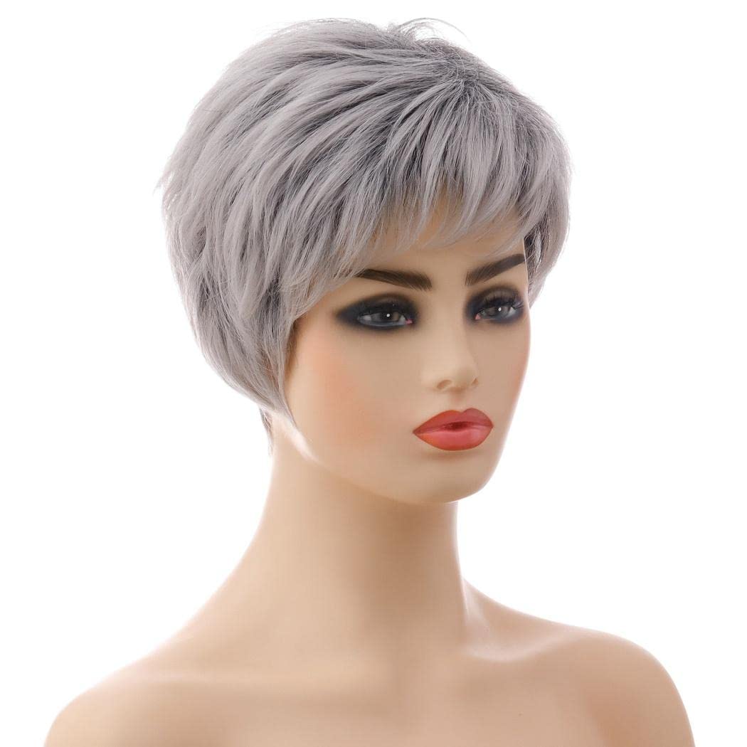 Perucă scurtă gri stratificată cu breton Pixie Cut termorezistentă AIYLMZ – Gri