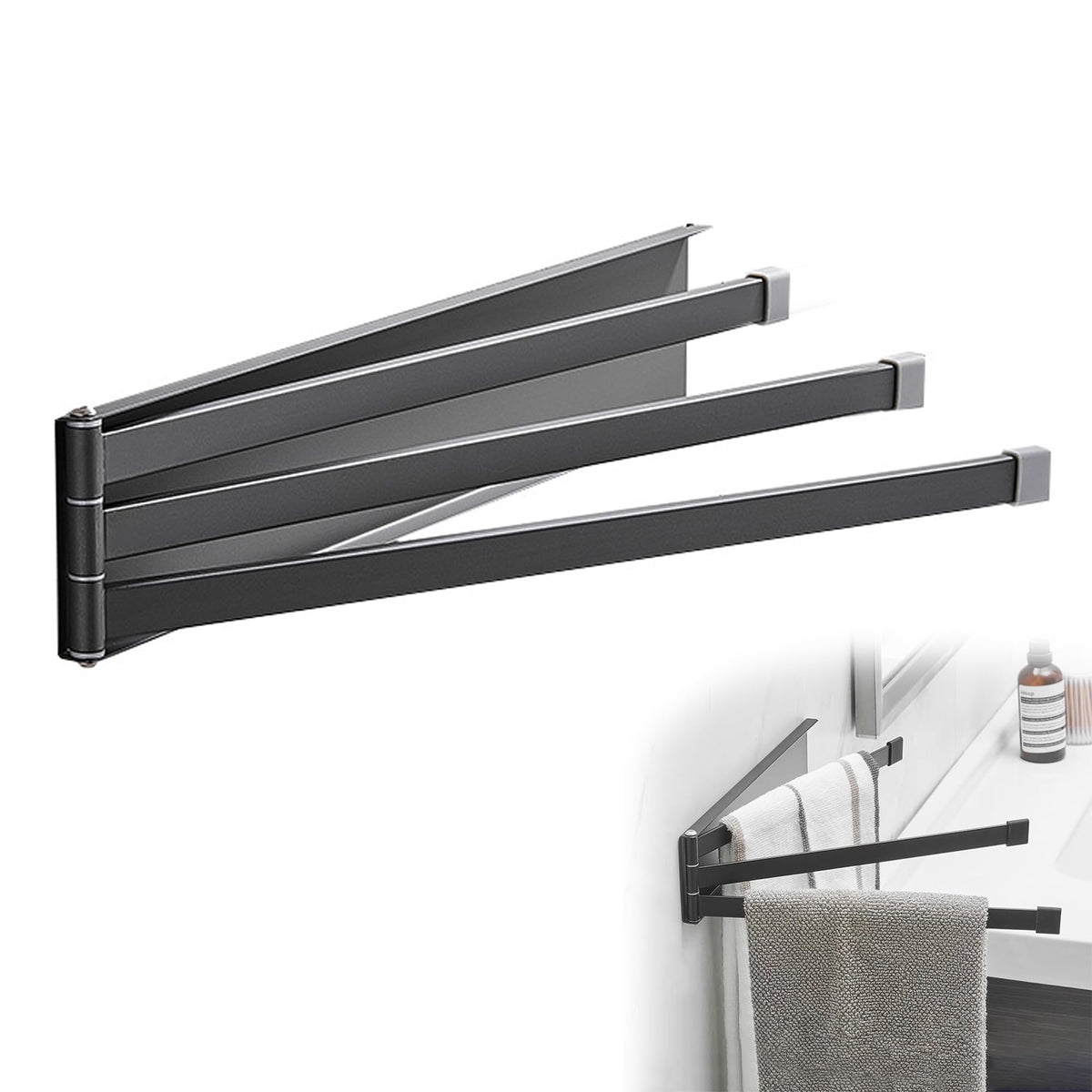 Wall-mounted 3-arm Guest Towel Rack No-drill Rotatable 180° – Grey