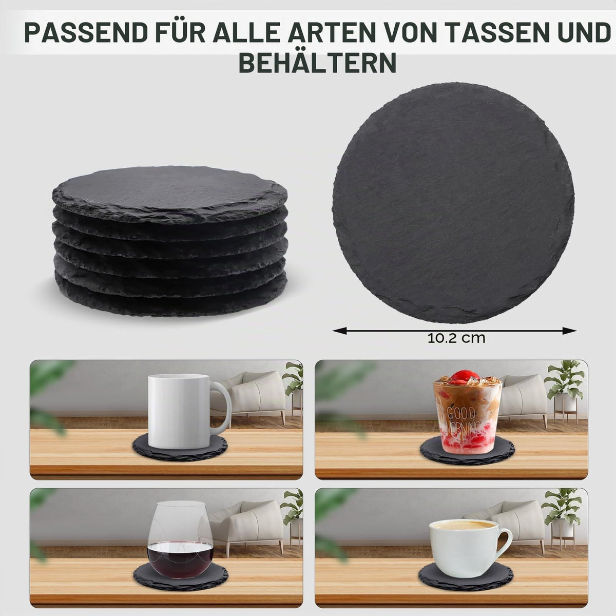 Round Slate Coasters 6-piece 10.2cm – Grey