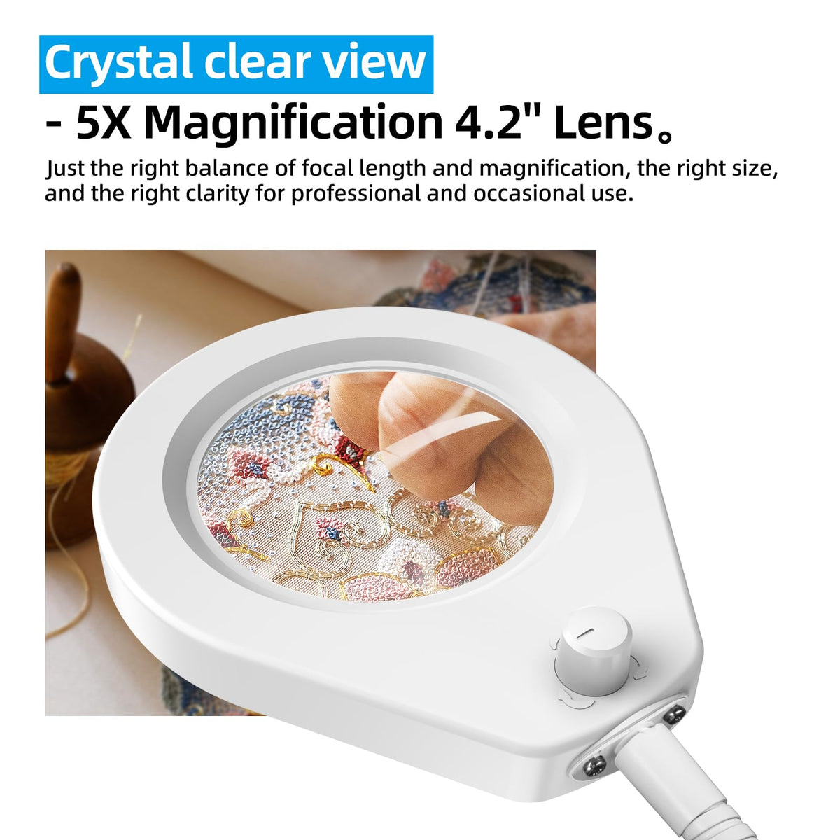 Beyamz LED Magnifying Glass Lamp with Desk Stand, Illuminated 105mm 5X Magnifying Glass, with Gooseneck, 5-Color 10-Lever Dimmable Ring Lights, for Crafts, Hobbies and Desk Lighting