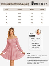 Imily Bela Women's Dresses Square Neck Party Dress Mesh Mini Dress High Waist Pleated Long Sleeve Dress Wedding Guest with Ruffles (Black, S)