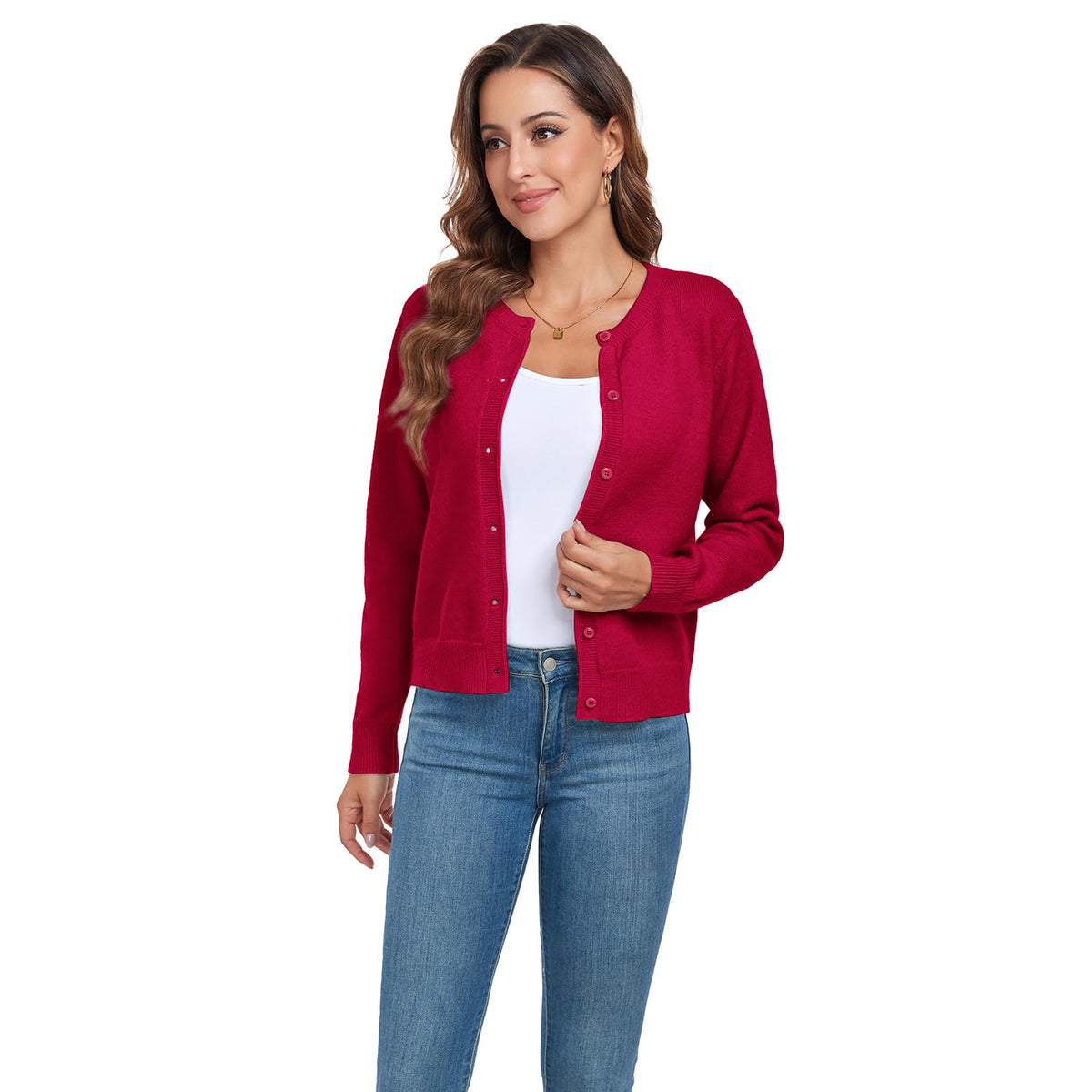 Women's Long Sleeve Knit Cardigan Buttoned Round Neck – Red M
