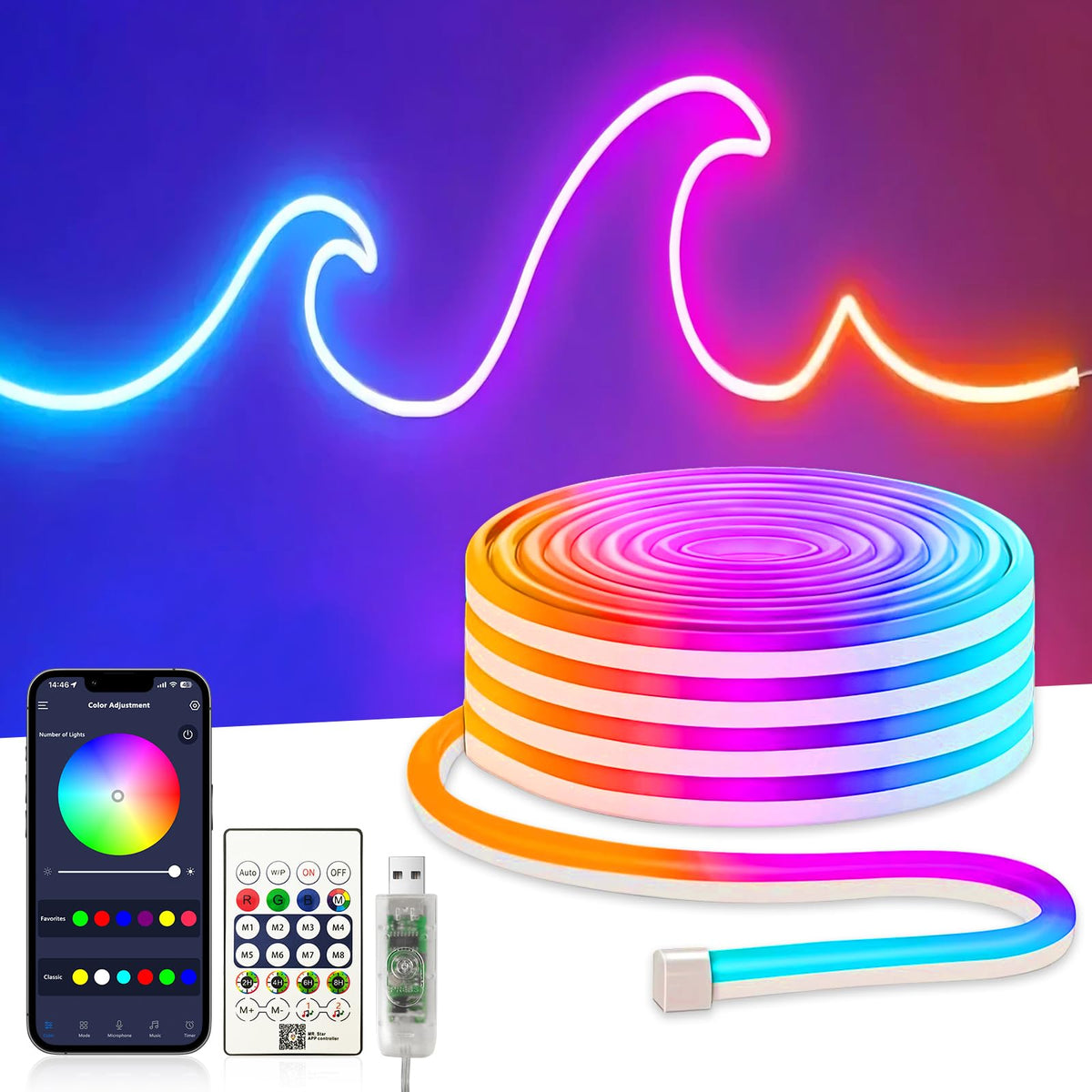 5m USB RGBIC Neon LED Strip App & Remote Music Sync Waterproof 5V Flexible – RGB