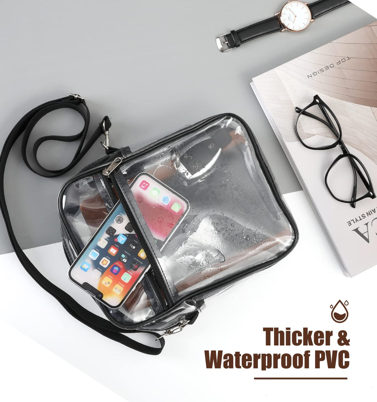 MoKo Transparent Crossbody Shoulder Bag Station Approved Tote with Detachable Strap – Black