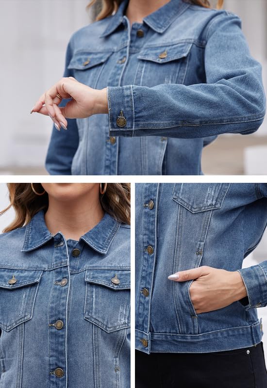 Women's Short Denim Jacket Oversized Long Sleeve with Pockets - Blue S