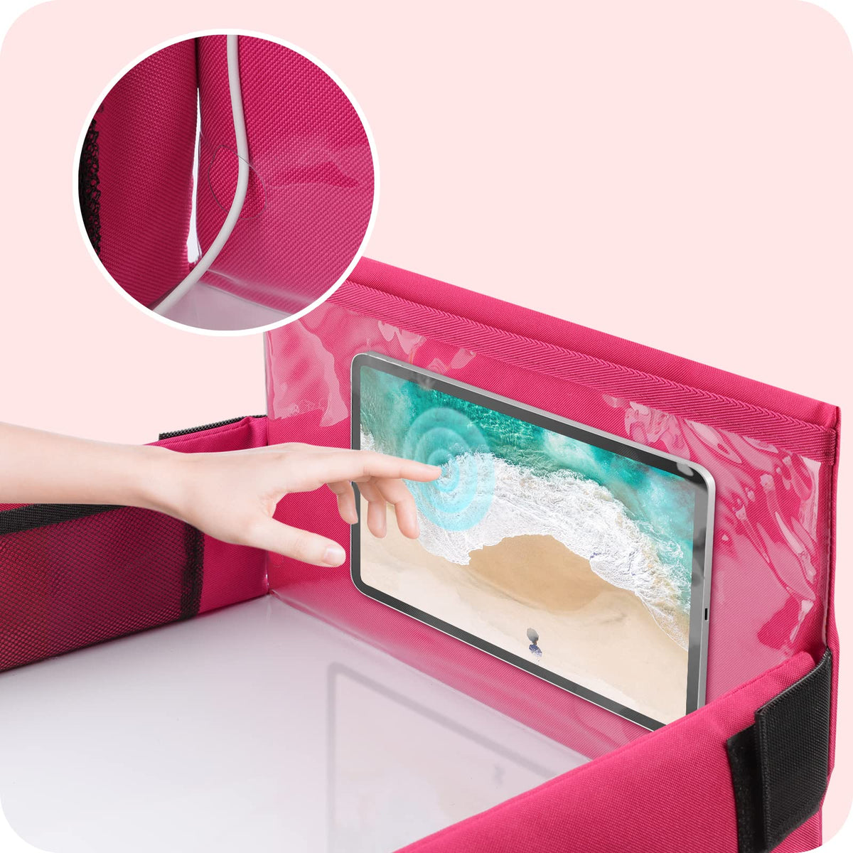 INFIVITA Lap Tray Travel Table Tray for Children Play with Erasable Drawing Board & 6 Colored Pencils for Play and Dining Table Play Table Car Seat Table for Buggies, Strollers, Car, Plane, Train