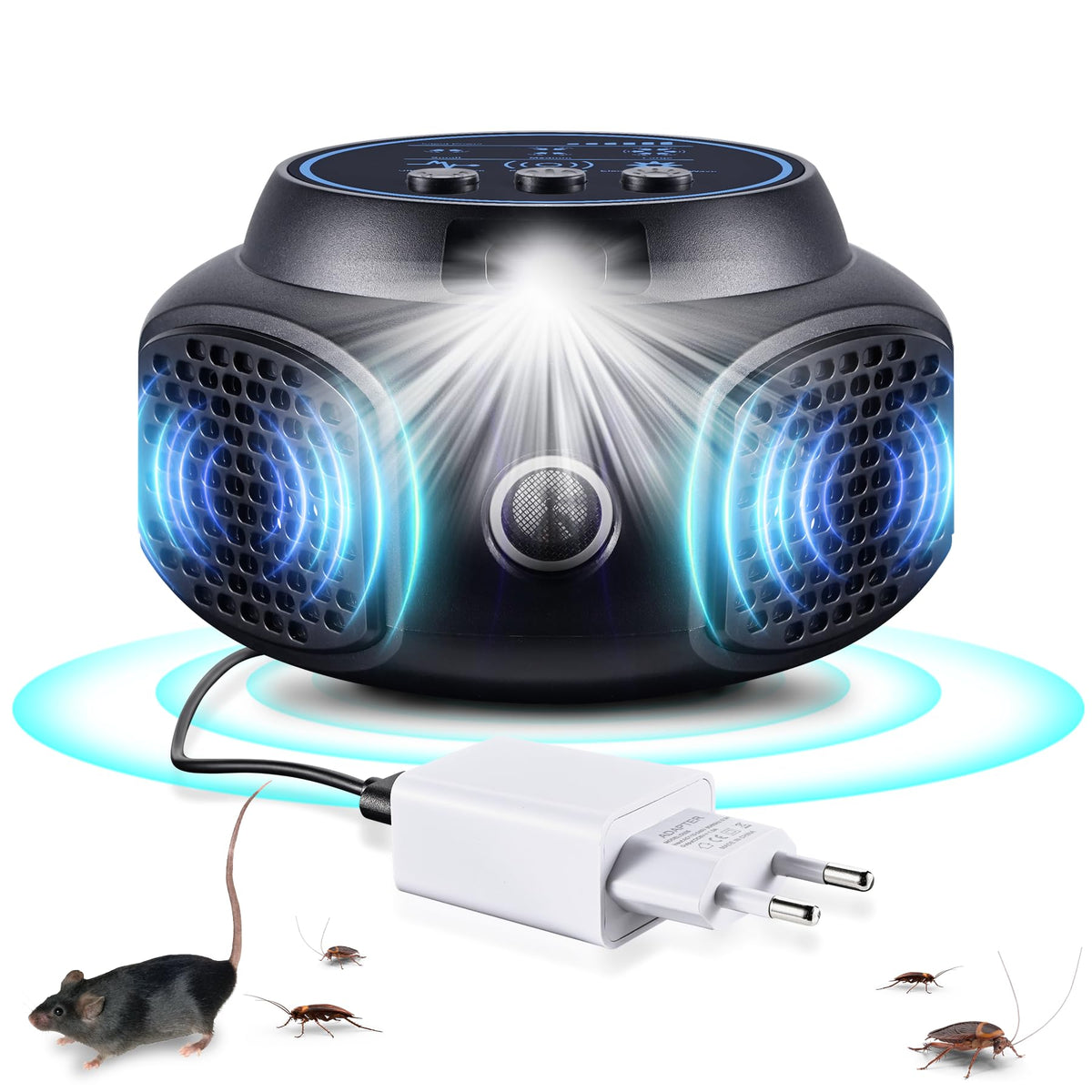 Ultrasonic Pest Control Black PlanetFlame Ultrasonic Rat Repeller with Electronic Light Plug-in for Mice, Rats, Mosquitoes, Cockroaches, Moths, Ants
