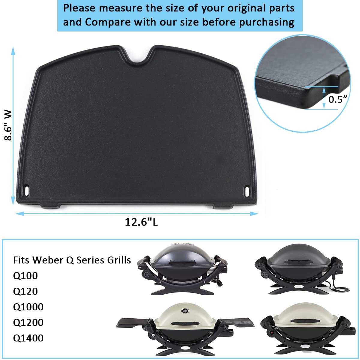 FORYEYC 32 x 22cm cast iron grill plate electric for weber Q100 Q120 Q1000 Q1200 Q1400 electric accessories, 6558 grill griddle pan for Weber Baby Q gas grills grill grate spare parts