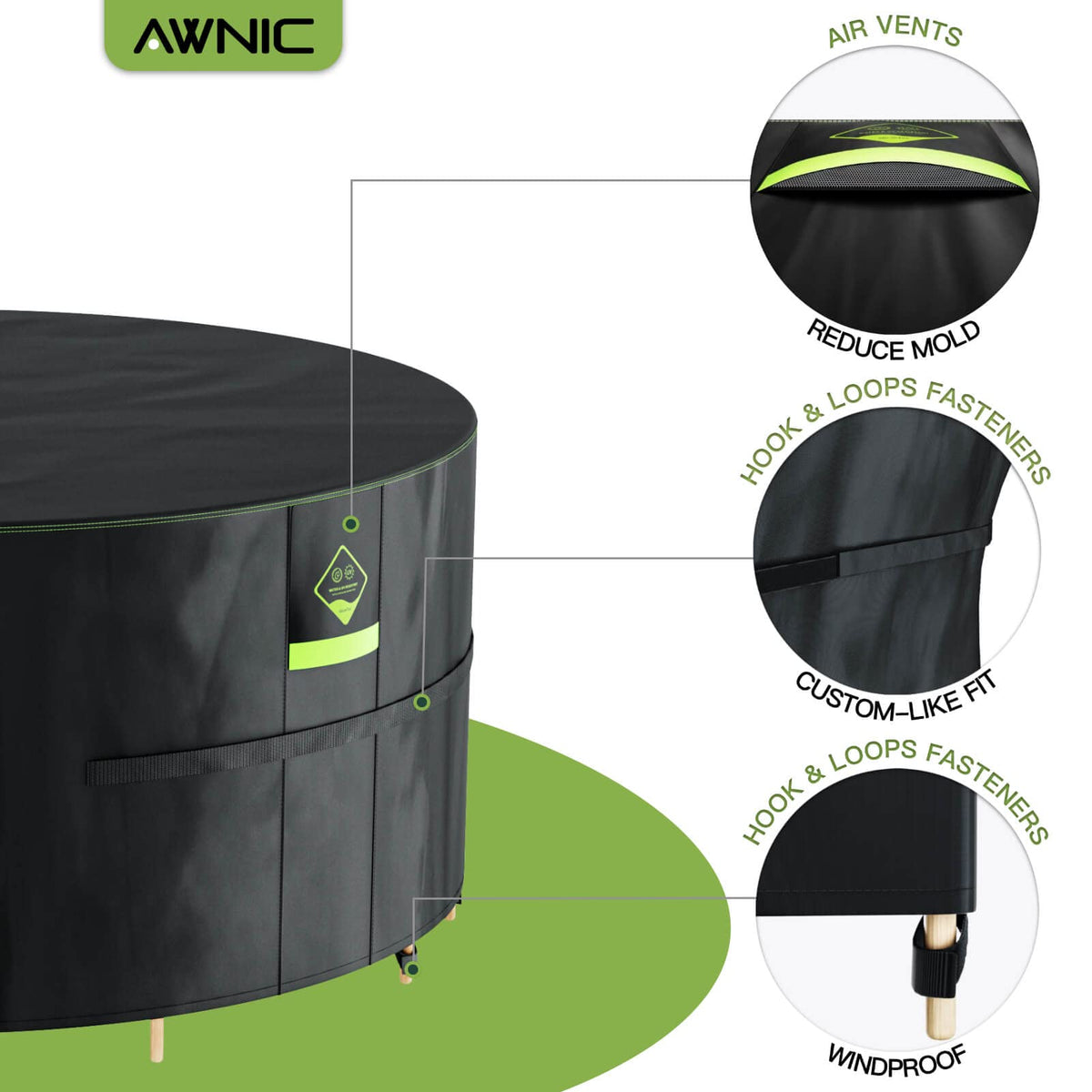 Husă impermeabilă de protecție pentru mobilier de grădină rotund Awnic 420D Oxford (Ø160x71 cm) – Negru
