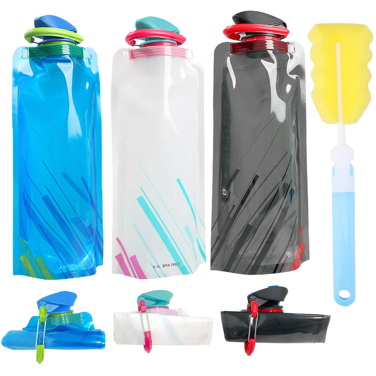 TAKUZA Foldable Drinking Bottle 3 Pack, Unisex Adult 700ml Foldable Drinking Bottle, Festival Drinking Bottle, Foldable Water Bottle Reusable, With Removable Cleaning Brush, for Festival, Hiking