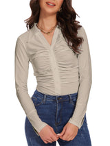 Women's Long Sleeve Tunic Blouse Pleated Button Detail