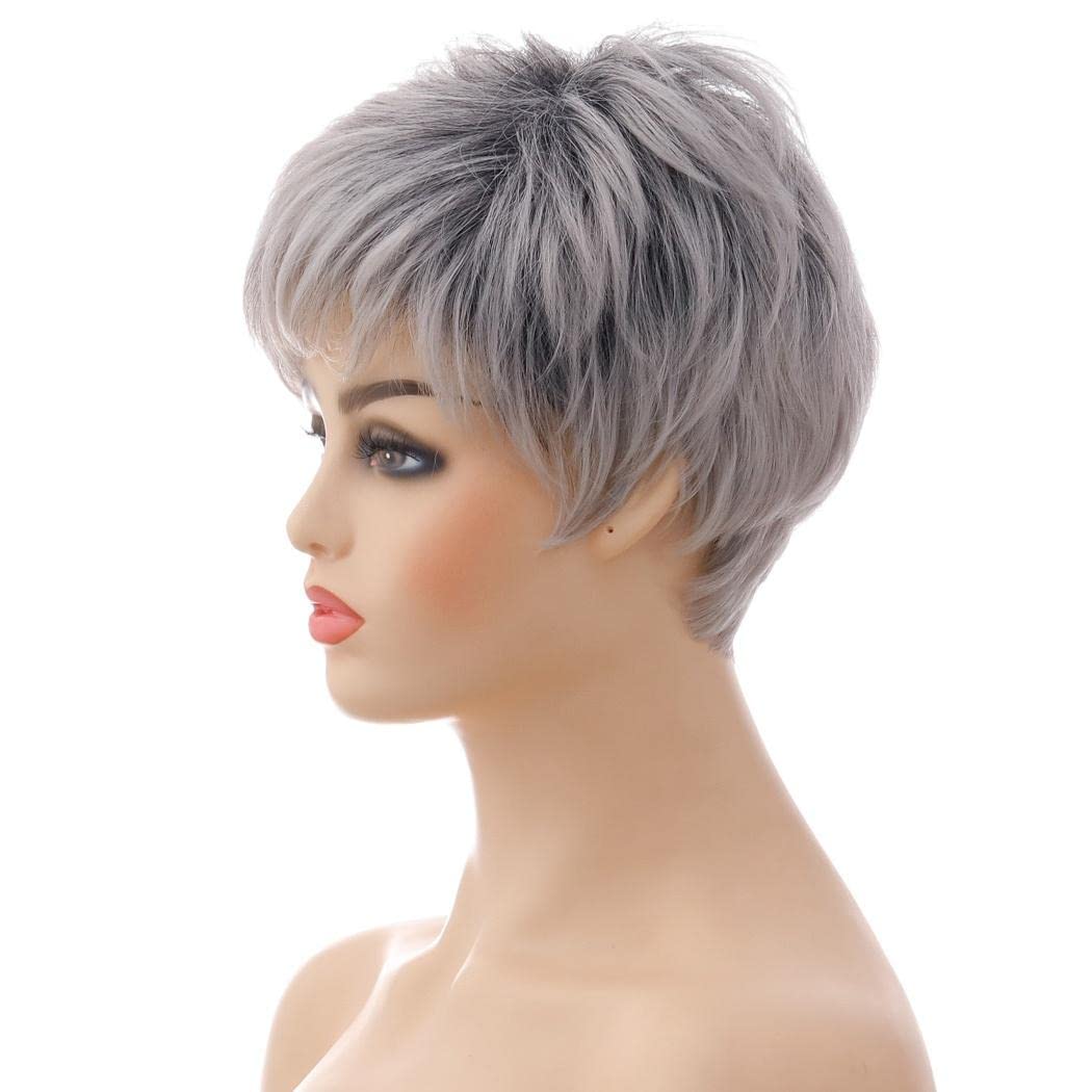 Perucă scurtă gri stratificată cu breton Pixie Cut termorezistentă AIYLMZ – Gri