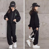 Girls' 3-Piece Jogging Suit Jacket, Pants & Crop Top – Black 116