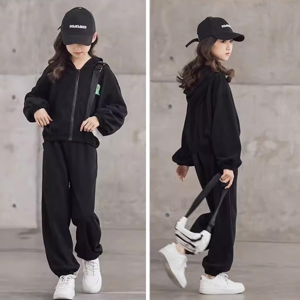 Girls' 3-Piece Jogging Suit Jacket, Pants & Crop Top – Black 116
