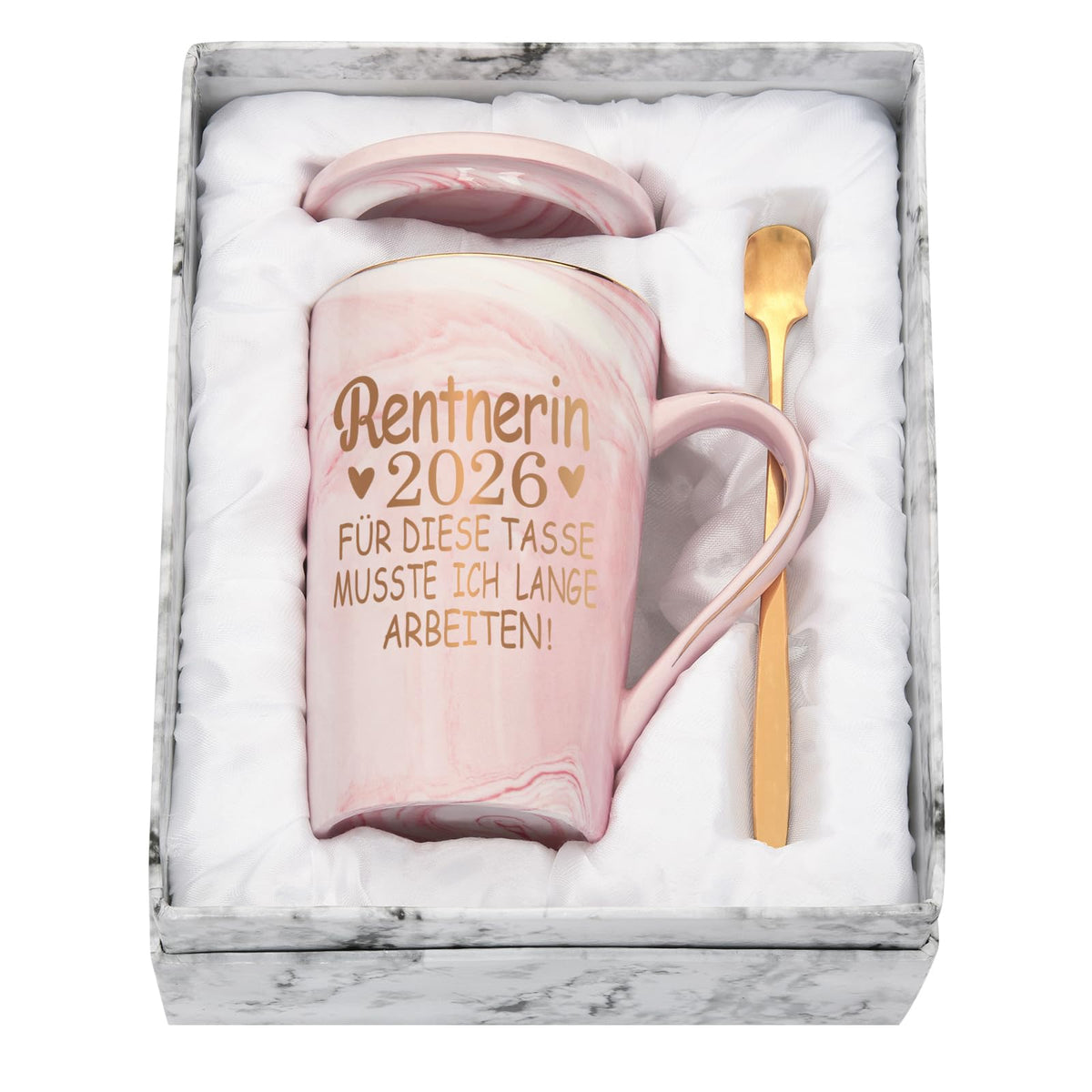 Ceramic Mug 400ml Retirement Gift for Women Marble Finish with Lid Spoon & Gift Box – Marble