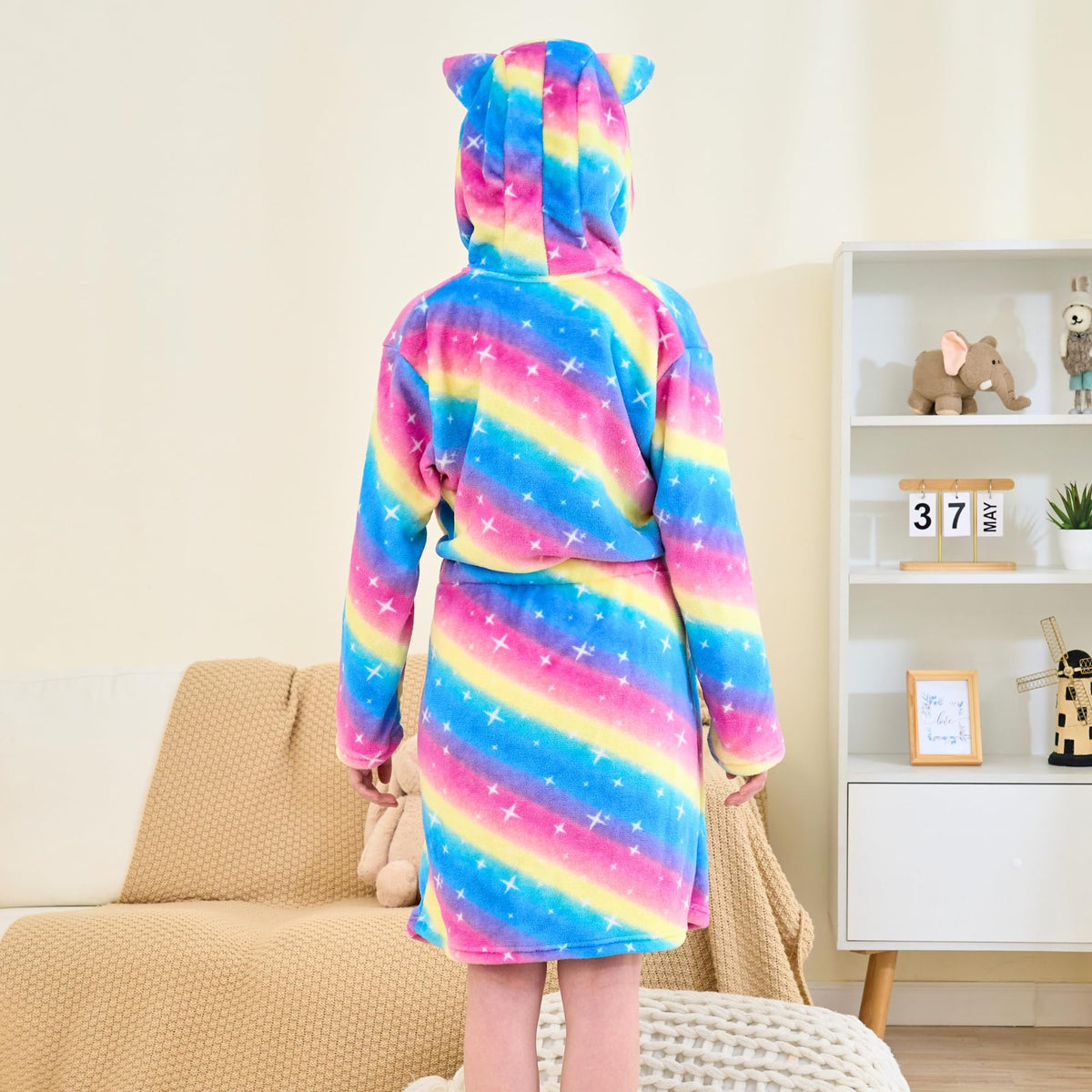 Girls' Plush Hooded Bathrobe with Cat Ears Soft Dressing Gown – Rainbow 5-6 Years