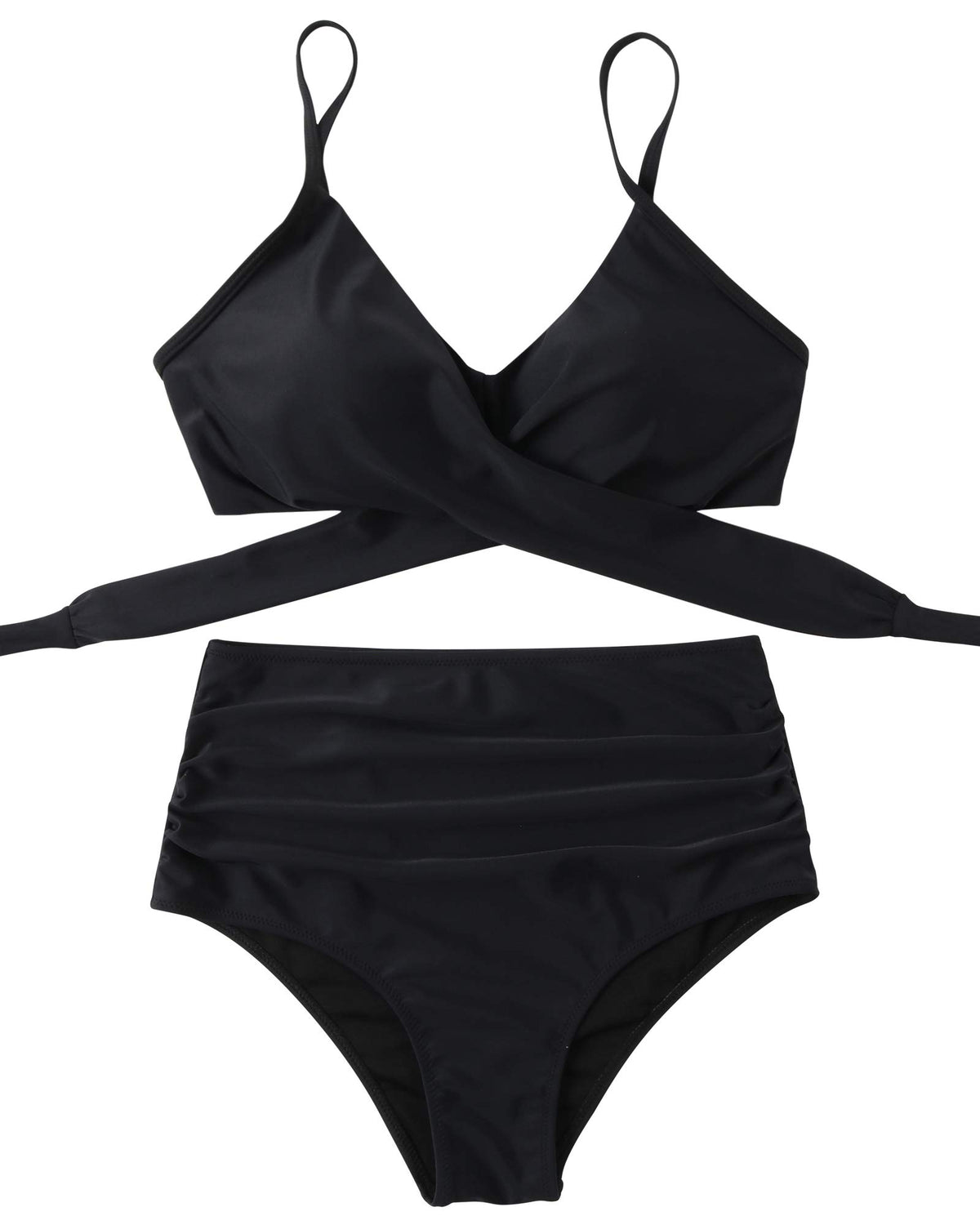 RXRXCOCO Women's Wrap Push Up Bikini Top with Tummy Control High Waist Bikini Set Swimwear Black Size XL