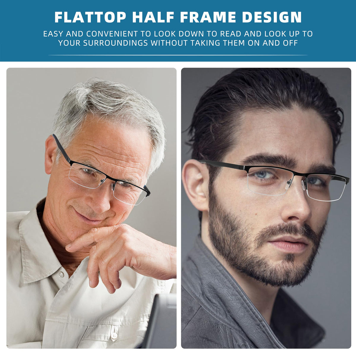 MODFANS 3 Pack Reading Glasses Men Blue Light Filter Metal Frame Rectangle Style Stainless Steel Material