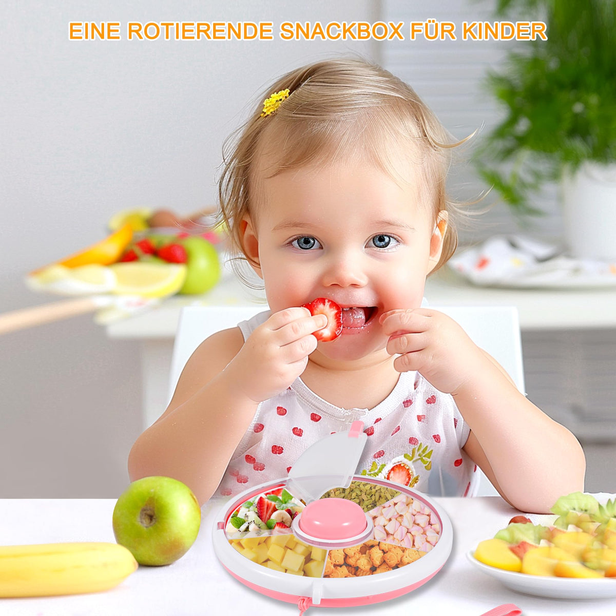 Vefacion Snack Spinner Kids Snack Box with Compartments Round Reusable Snack Organizer Snacks Melon Candy Seeds Fruit Organizer