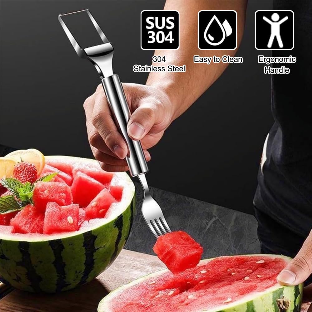 Set 3 ustensile din inox pentru tăiat și servit pepene cu furculiță – Argintiu