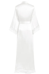 BABEYOND Women's Dressing Gown Long Short Solid Color Bathrobe Lace Sleeves Silk Satin Kimono Dress Ladies Summer Robe Pure Color Sleeping Coat (Long - White)