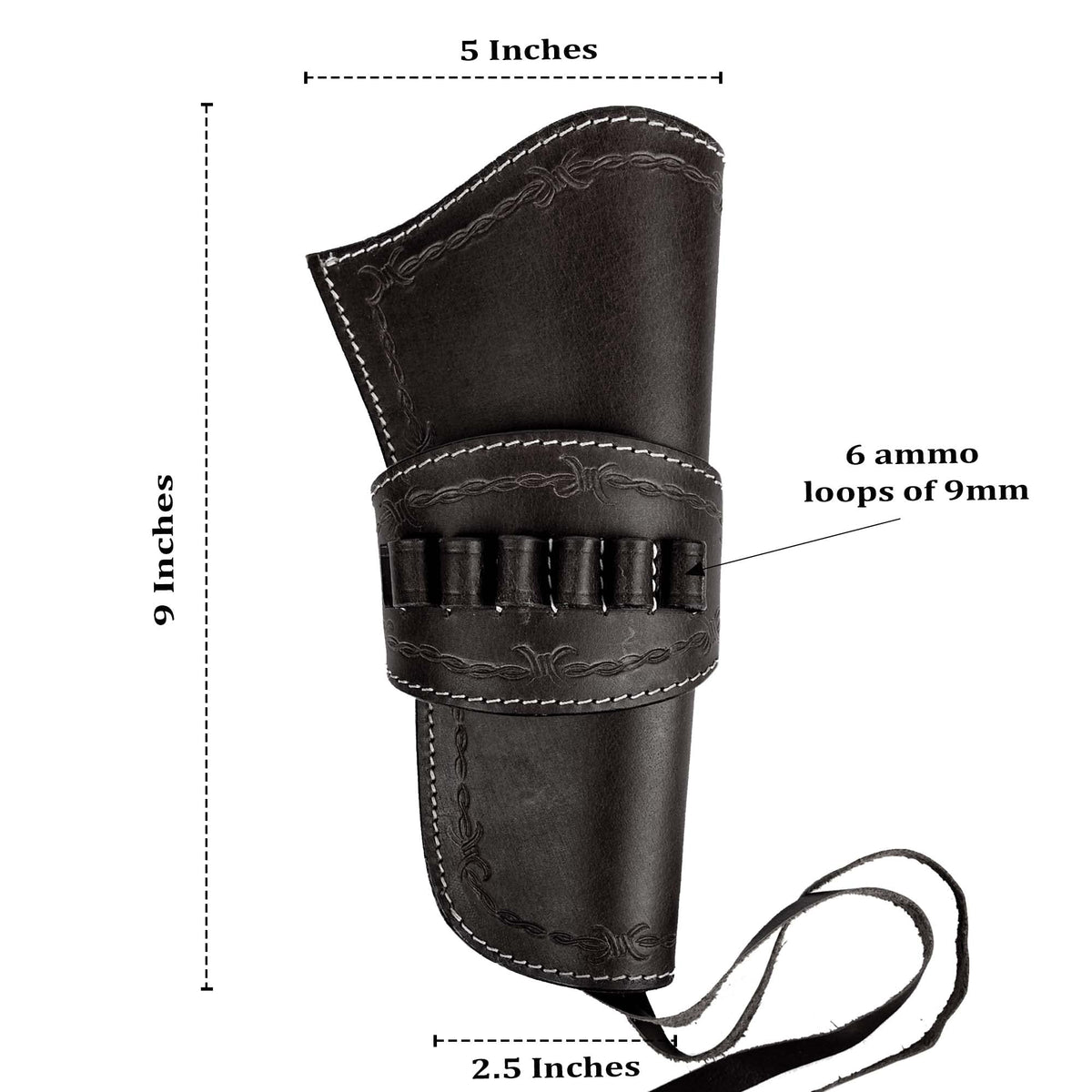 Toc de pistol cowboy din piele cu suport muniție pentru revolvere 9mm/.38/.357/.40 și 4–8 inch – Universal