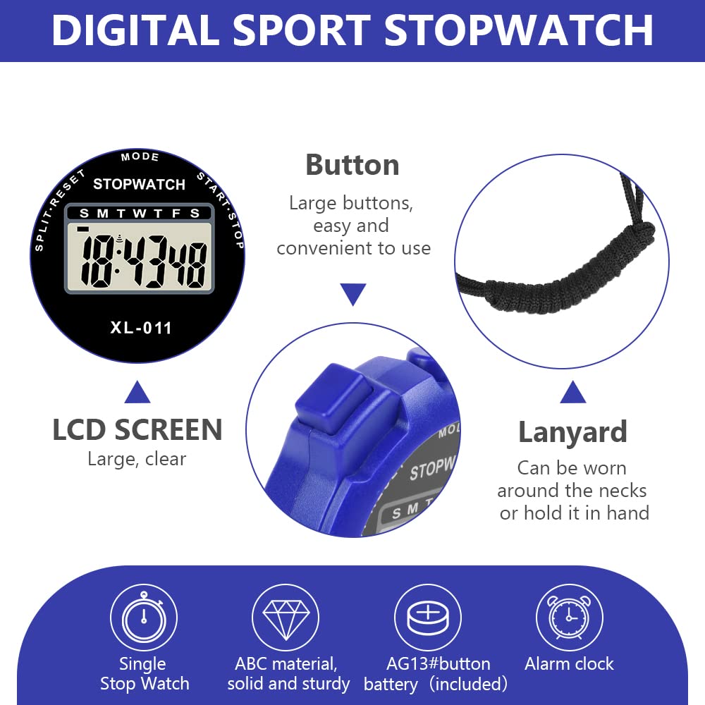 Digital Sports Stopwatch Timer Large Display Alarm Calendar – Blue