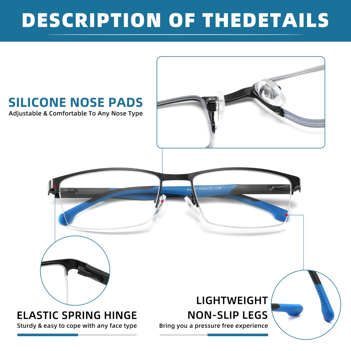 MODFANS 3 Pack Reading Glasses Men Blue Light Filter Metal Frame Rectangle Style Stainless Steel Material