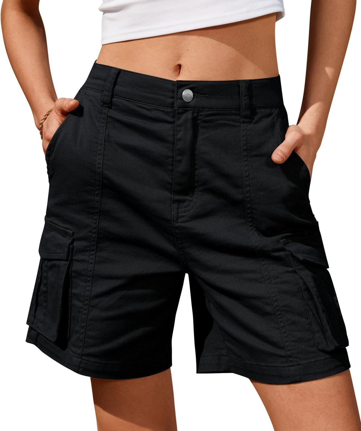 BUNSLOOM Women's Bermuda Shorts Knee-Length 6 Pockets Elastic Waistband – Black