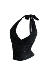 Top scurt strălucitor cu sclipici damă tip halter fără spate – Negru L