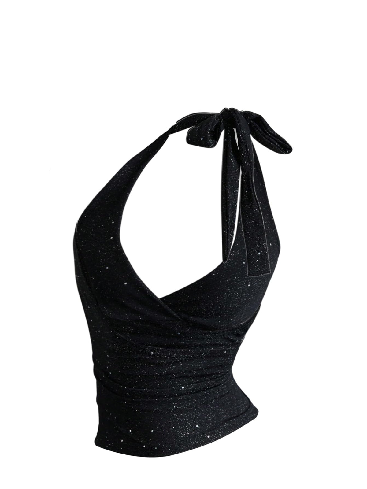 Top scurt strălucitor cu sclipici damă tip halter fără spate – Negru L