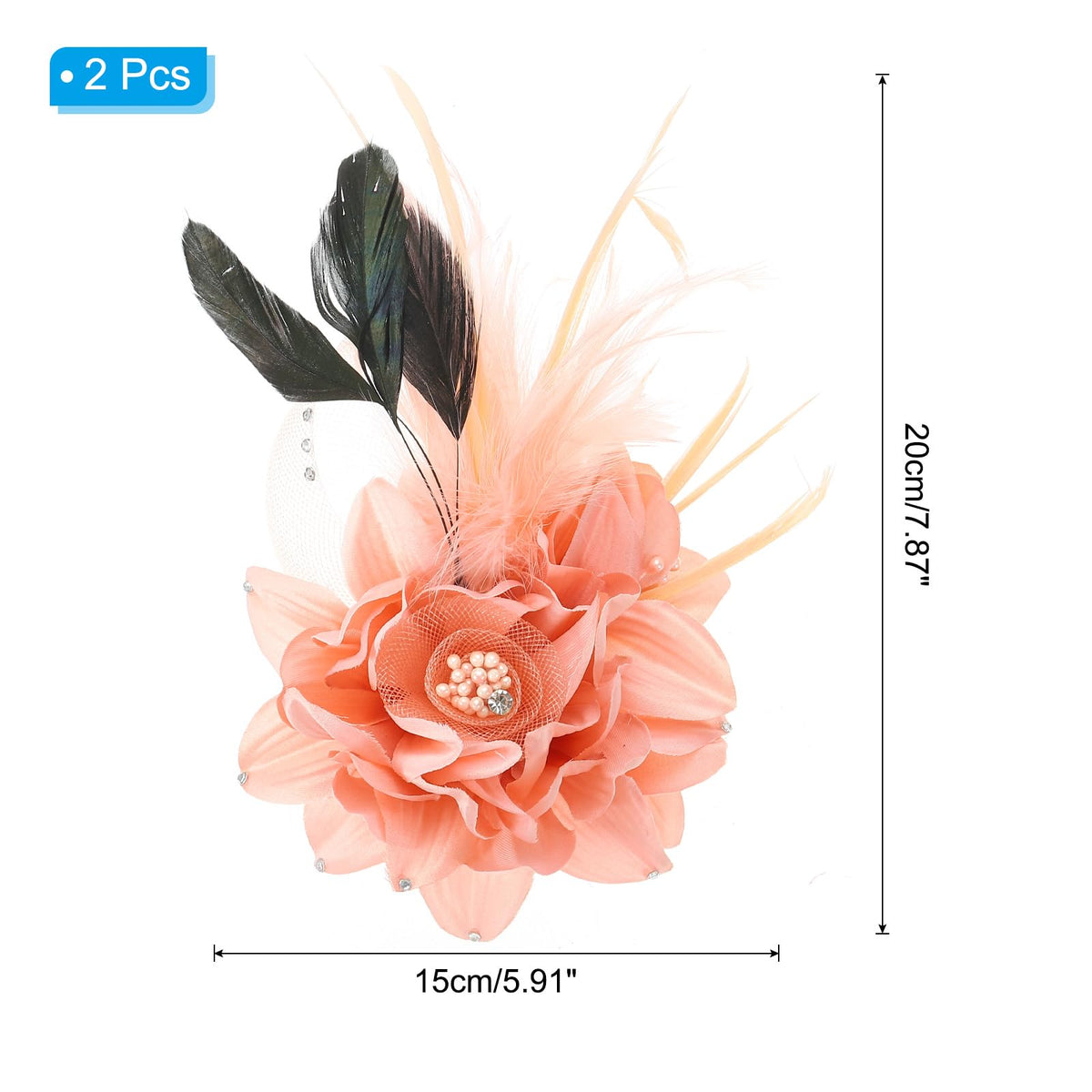 Floral Hair Clips 2-Piece Camellia Feather Brooch Pins Wedding Party – Pink