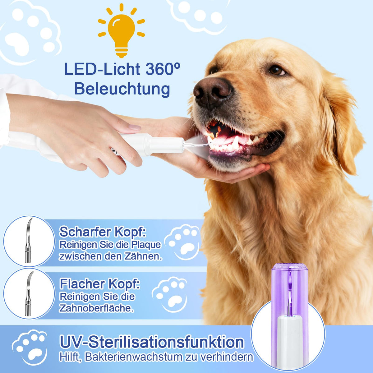 Ultrasonic Pet Dental Cleaner 5 Modes Sensor USB-C IPX6 Waterproof – White