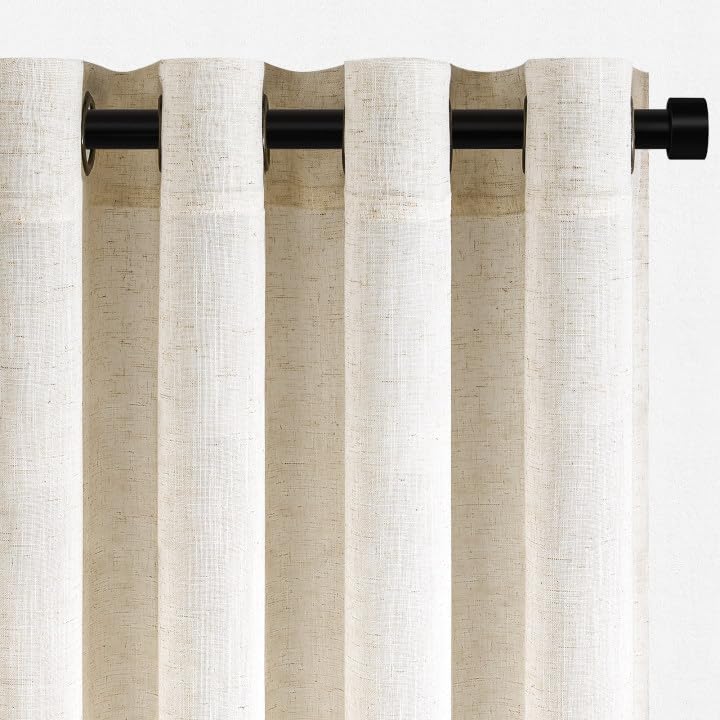 Linen Curtains Eyelet Semi-Transparent for Living Room Bedroom – Beige 140x240 cm