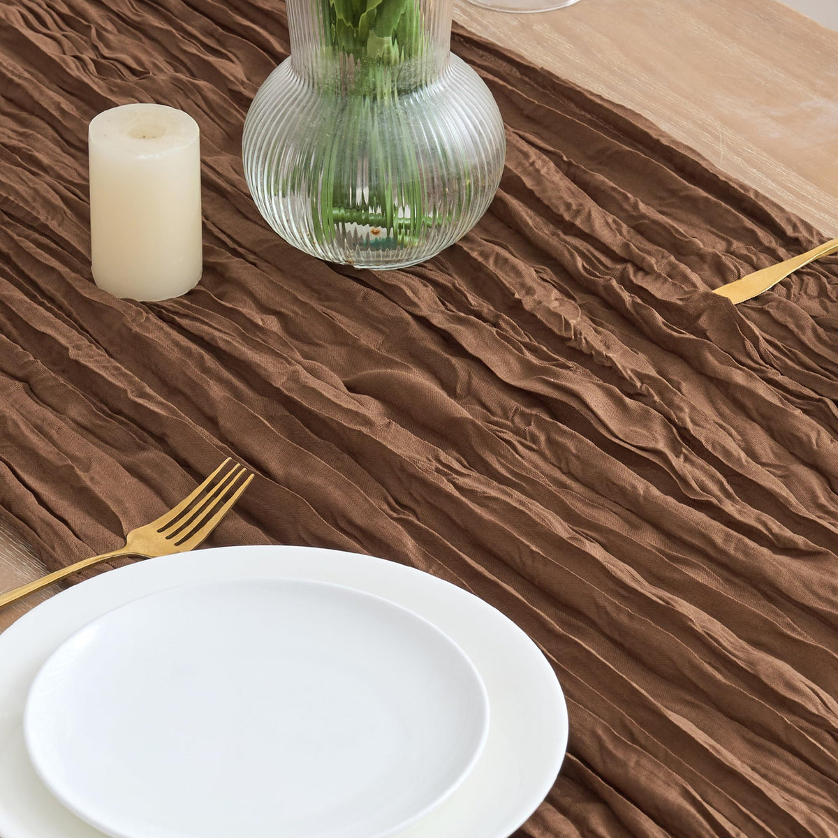 Set 12 traverse de masă din tifon stil boem rustic 300x90 cm – Verde Salvie