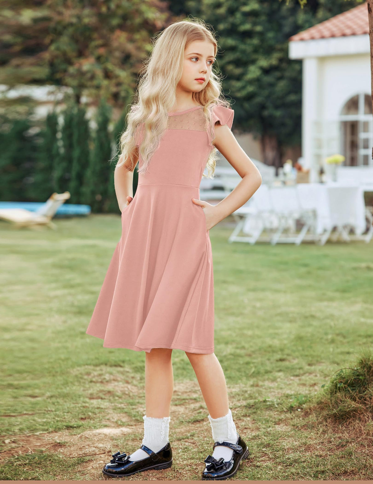 Girls' A-Line Ruffled Dress Short Sleeves Elegant Party – Pink 11-12 Years