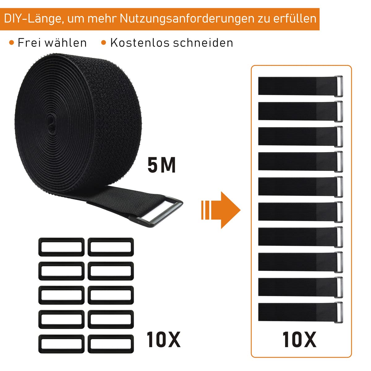 WSZJINB 5m x 5cm Velcro tape with 10 buckles, free cutting length Velcro cable ties reusable, cable Velcro fastener tape, 5cm wide, black