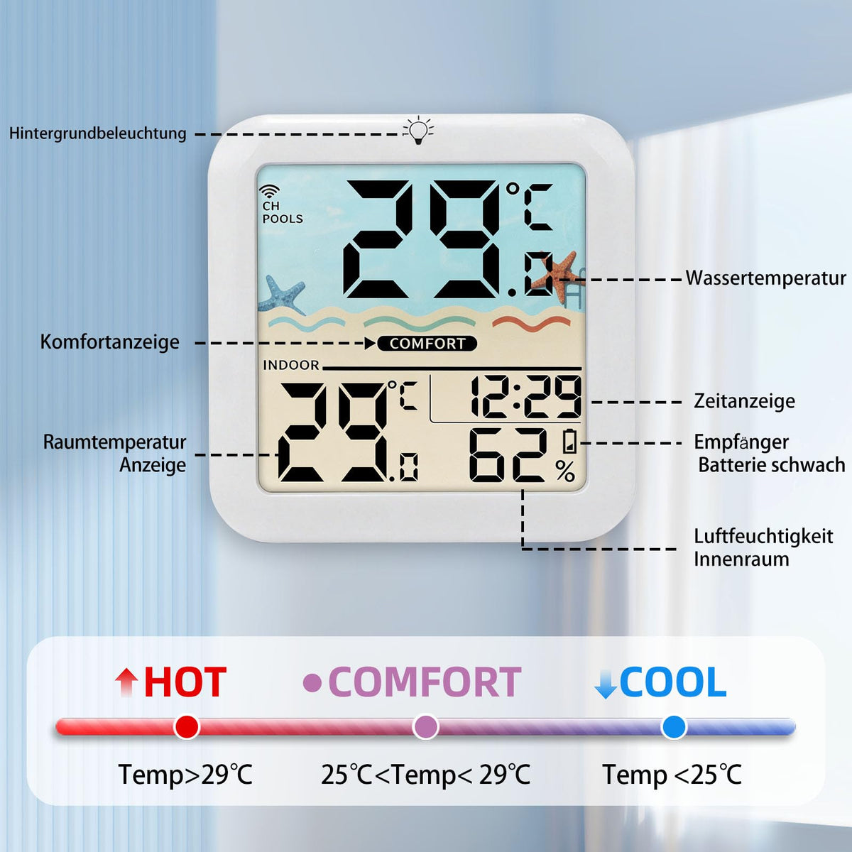 Wireless Pool Thermometer Digital Display IP68 Range up to 100m for Pools Ponds – White