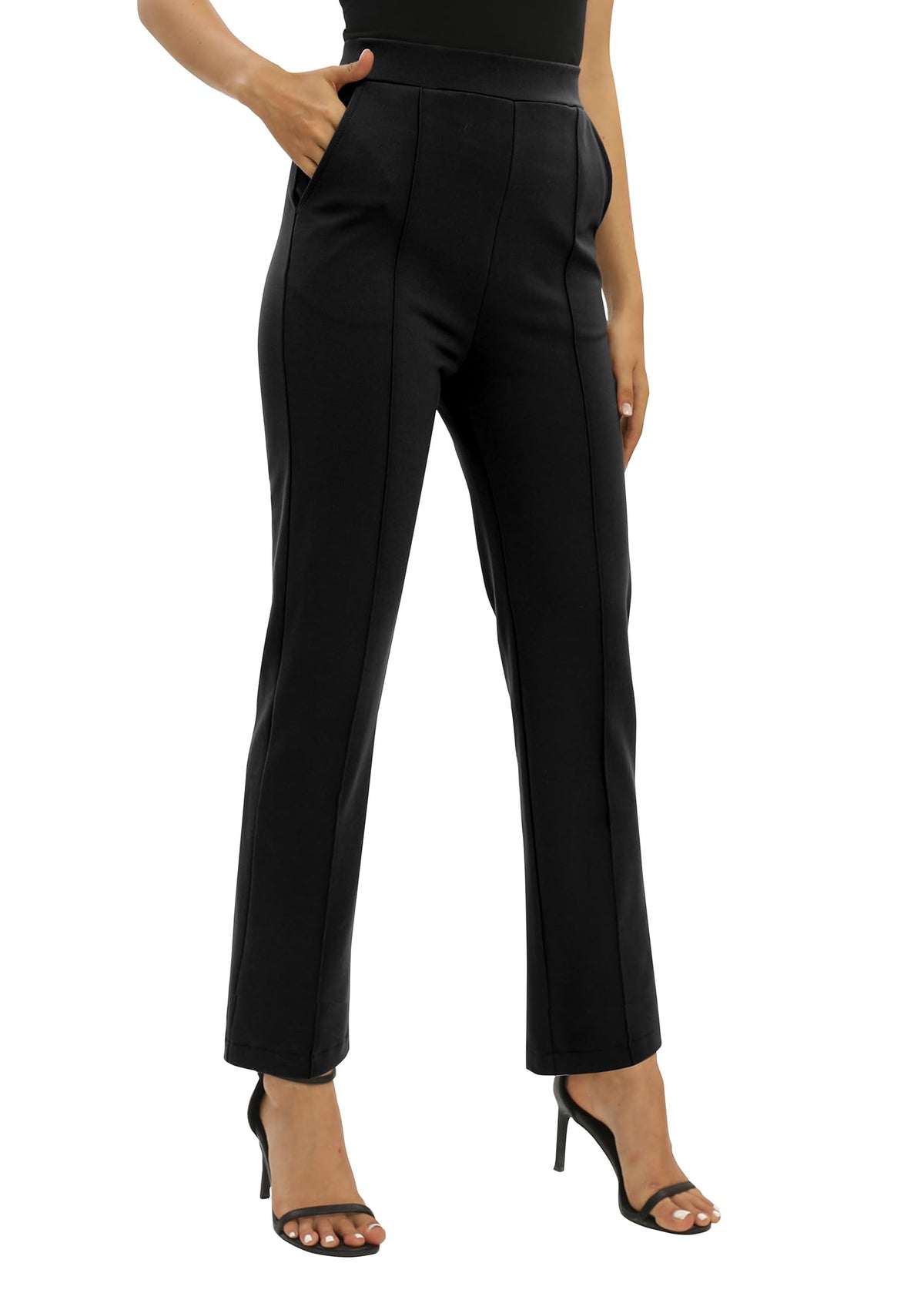 Pantaloni office damă EXCHIC drepți cu talie elastică și buzunare – Negru XL