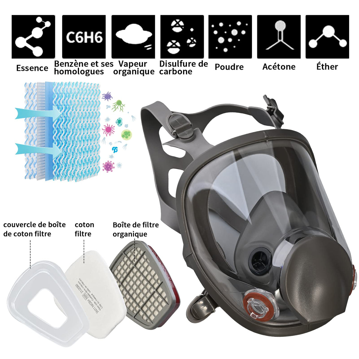 faburo Reusable Full Face Respirator, Face Protection Respirator with 10 Replacement Filters 5 Pairs Gloves for Paint Particles Dust Chemicals