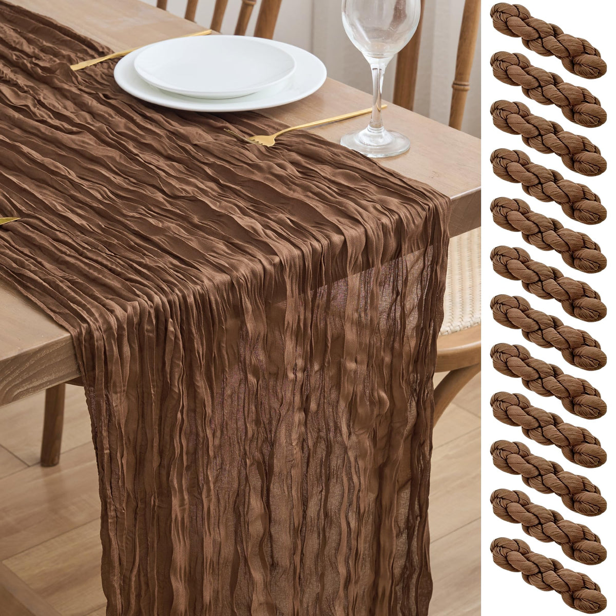 Set 12 traverse de masă din tifon stil boem rustic 300x90 cm – Verde Salvie