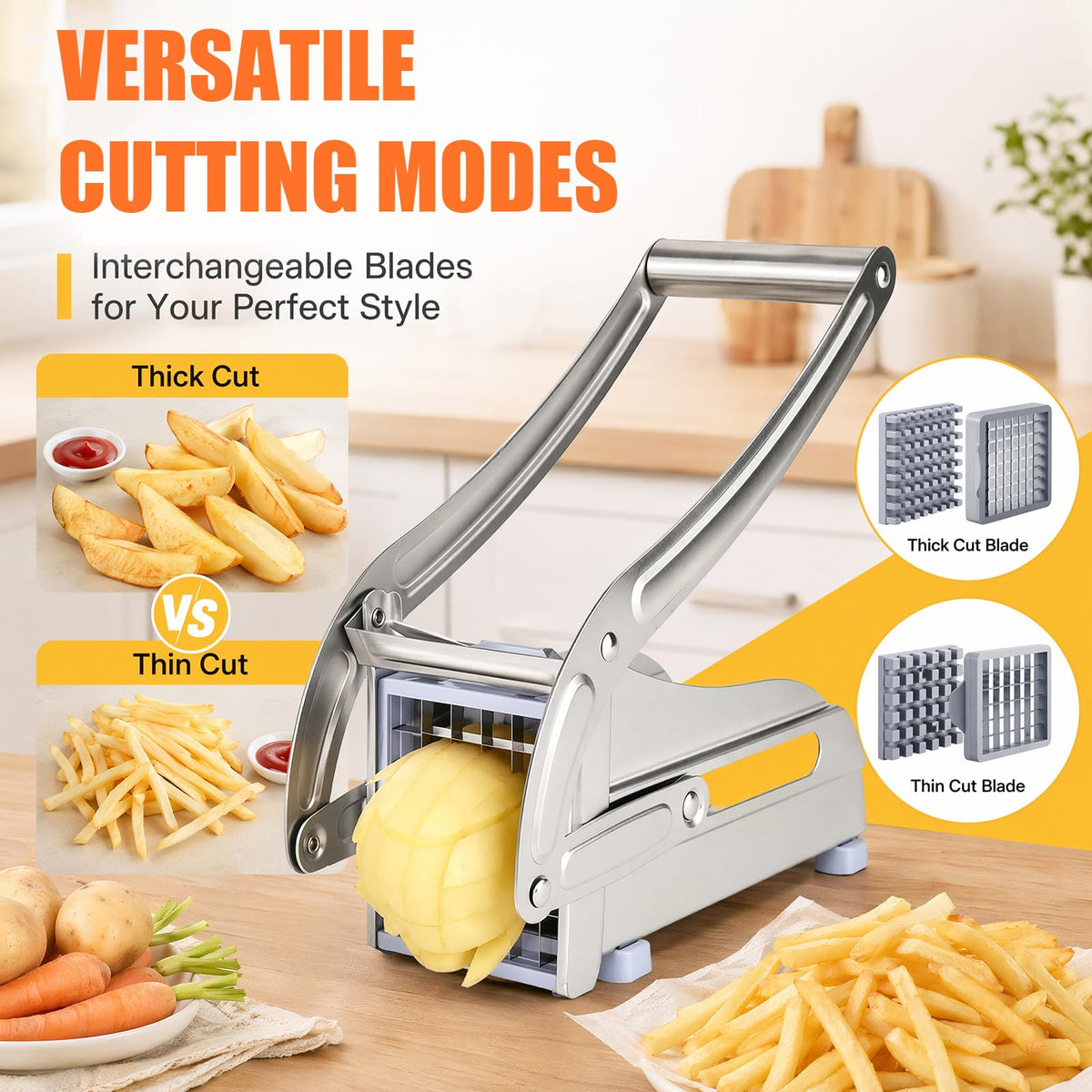 Aparat manual din inox pentru tăiat cartofi pai cu 2 mărimi de lame și ventuză