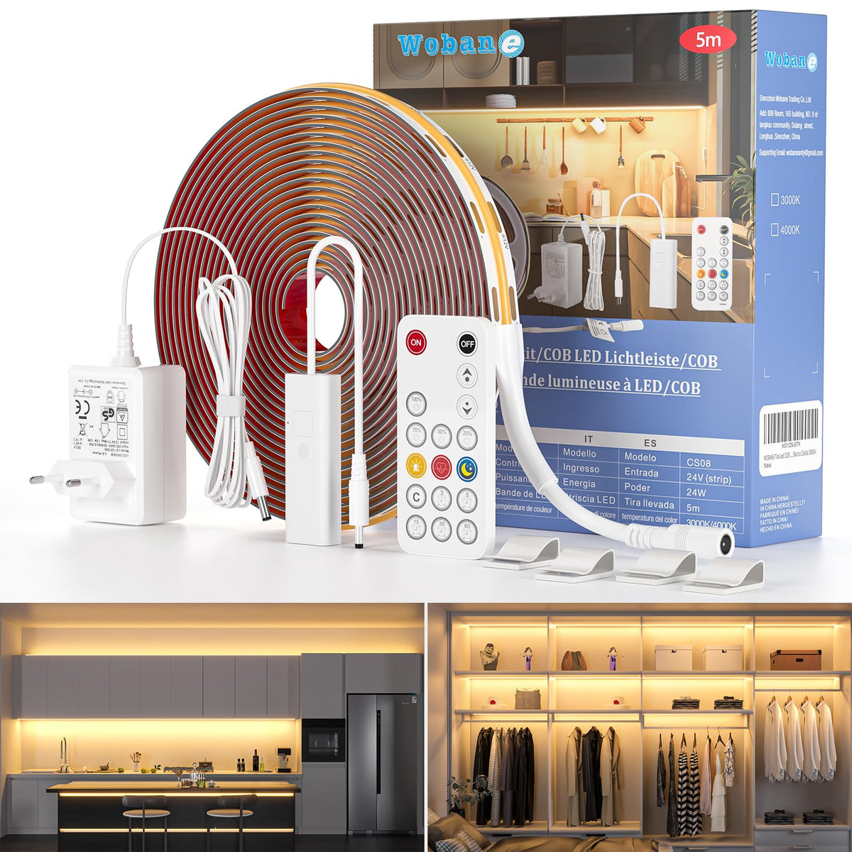 WOBANE 5m 24V COB LED Strip Dimmable with Remote Control CRI 90+ 320 LEDs/M Continuous LED Strip with Plug for Kitchen, Bedroom, Closet, Mirror, TV, Warm White 3000K