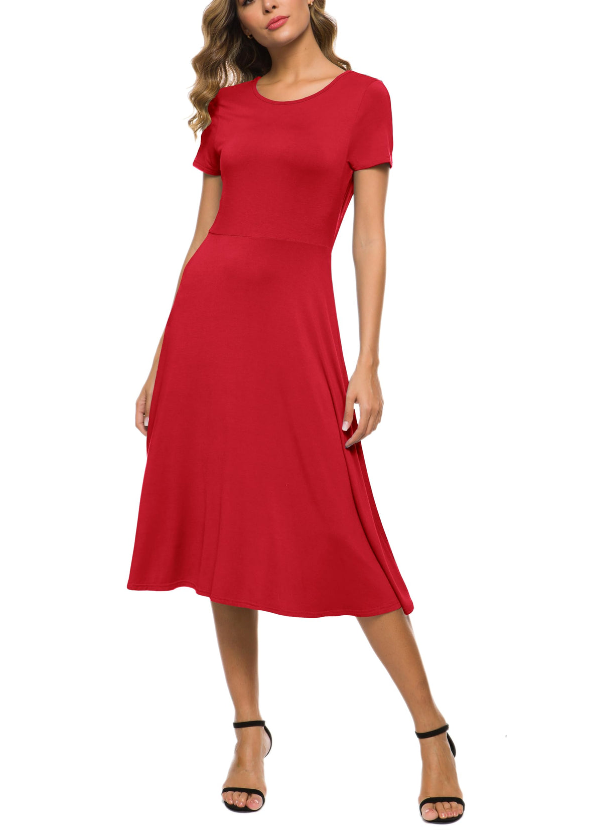 Rochie midi cloș lejeră damă EXCHIC guler rotund – Roșu XL