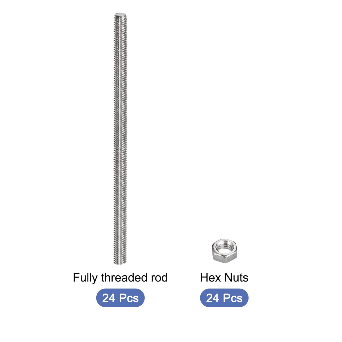 M6 x 200mm Solid Threaded Rods 24pc 304 Stainless Steel with Hex Nuts - M6 x 200mm