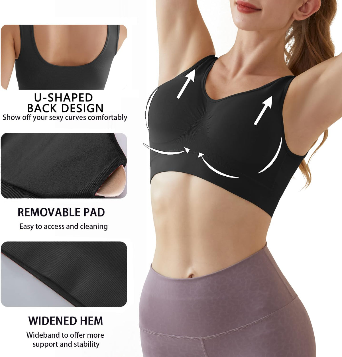 Memoryee Sports Bra Women's Large Breasts Strong Support Push Up Without Wire 3 Pack Set Padded Jogging Yoga Running Riding Bra Crop Top Black*3 6XL