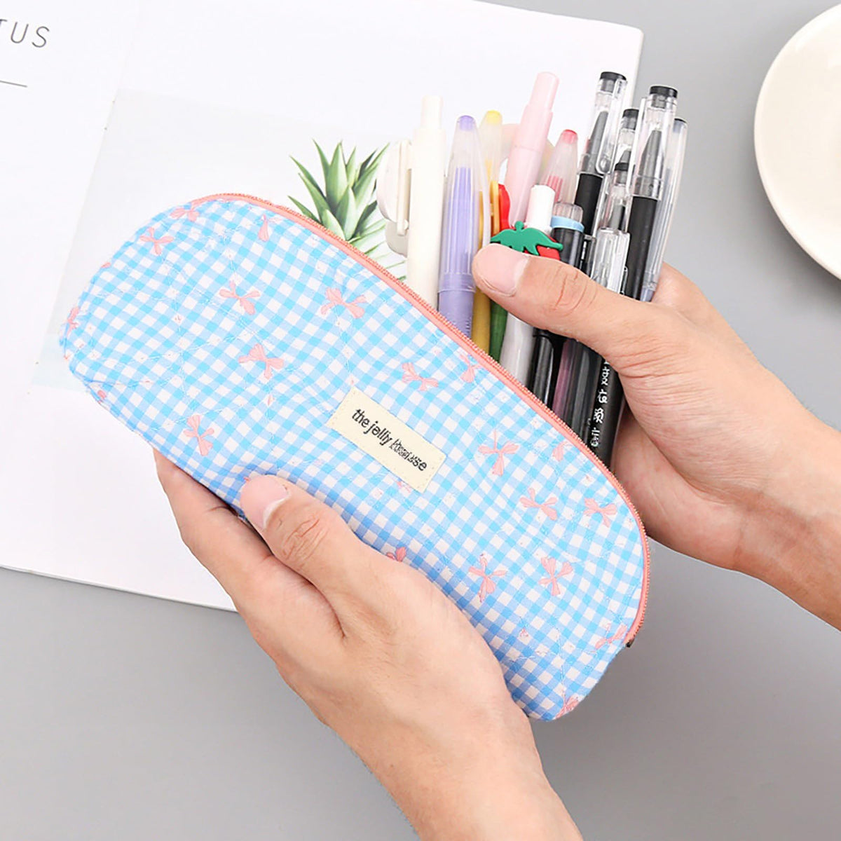 Quilted Bow Pencil Case Wide Opening Portable Pouch for School Office Cosmetics – Assorted